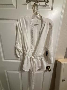 3RD + MALT White V-Neck Button Down Belted shirt